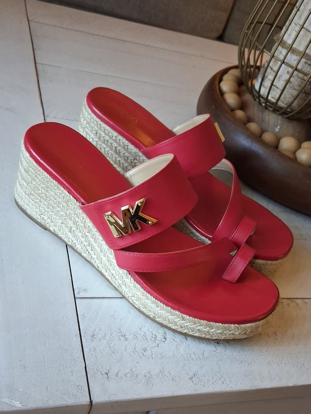 Michael Kors Red Leather Wedge Espadrille Sandals